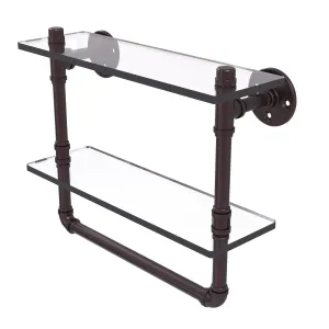 16" Double Glass Shelf with Towel Bar, Antique Bronze Finish