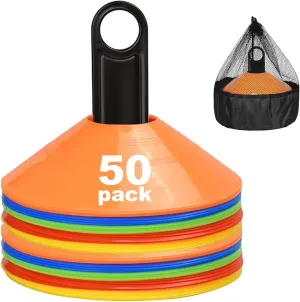50Pack Disc Cones - Agility Soccer Cones with Mesh Bag and Holder, Soccer Cones for Sports Training, Football, Soccer, Basketball, Coaching, Practice Equipment,5 Color