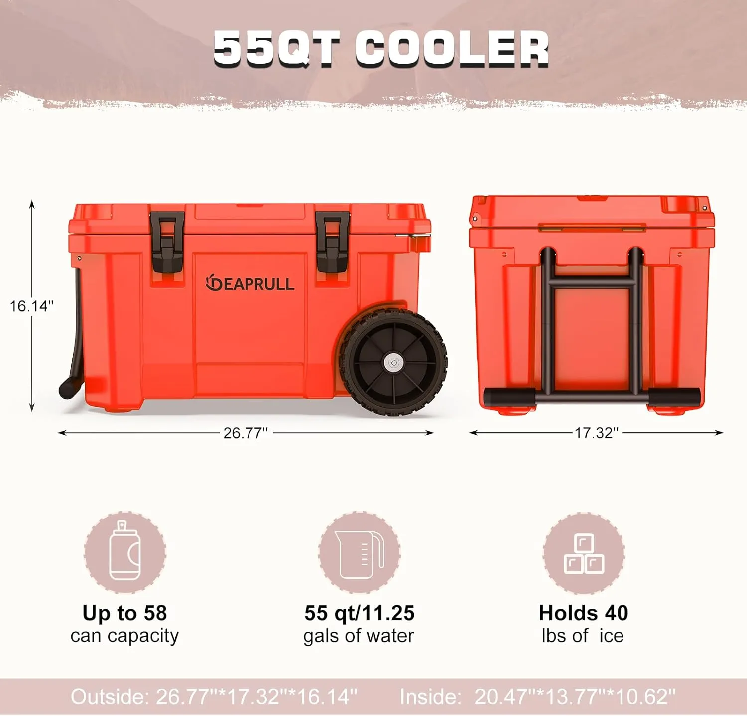 55 Quart Cooler with Wheels, Ice Chests Portable Camping Cooler Holds Ice up to 6 Days, Leak-Proof Outdoor Insulated Cooler with Handle, Cup Holders, Hard Cooler for Camping, Beach, Boat