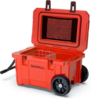 55 Quart Cooler with Wheels, Ice Chests Portable Camping Cooler Holds Ice up to 6 Days, Leak-Proof Outdoor Insulated Cooler with Handle, Cup Holders, Hard Cooler for Camping, Beach, Boat