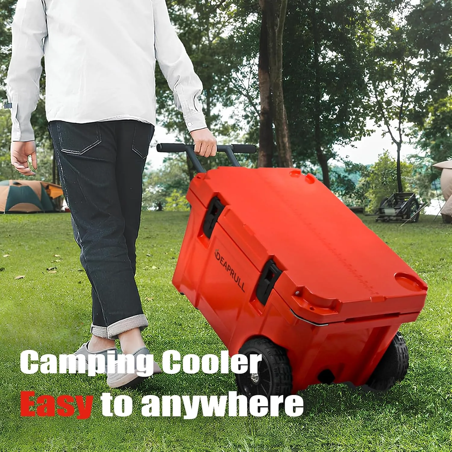 55 Quart Cooler with Wheels, Ice Chests Portable Camping Cooler Holds Ice up to 6 Days, Leak-Proof Outdoor Insulated Cooler with Handle, Cup Holders, Hard Cooler for Camping, Beach, Boat