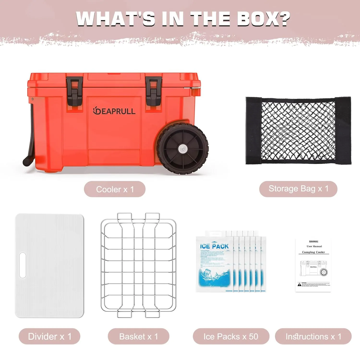 55 Quart Cooler with Wheels, Ice Chests Portable Camping Cooler Holds Ice up to 6 Days, Leak-Proof Outdoor Insulated Cooler with Handle, Cup Holders, Hard Cooler for Camping, Beach, Boat