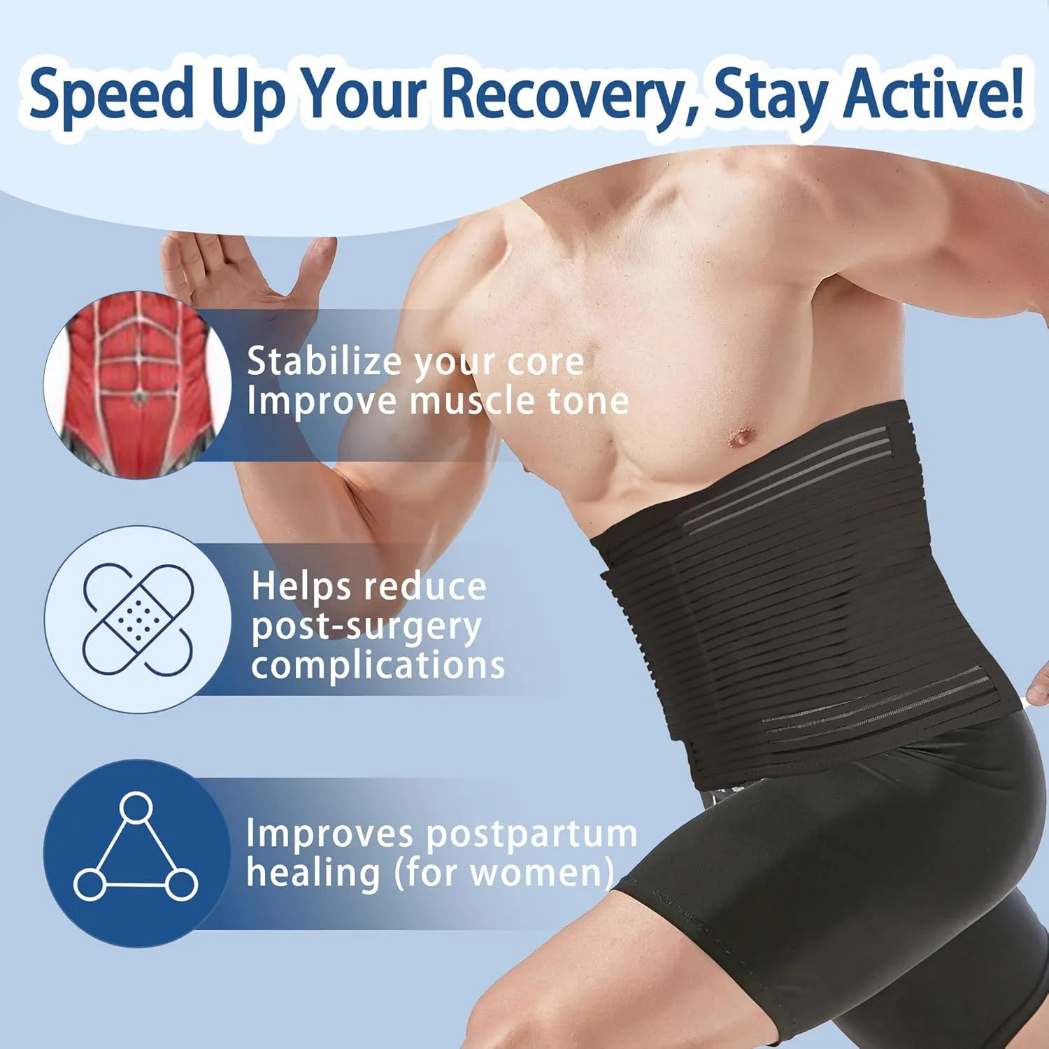Abdominal Binder for Post Surgery & Postpartum Recovery, Abdomen Hernia Support Belt for Women & Men (Black, Large)