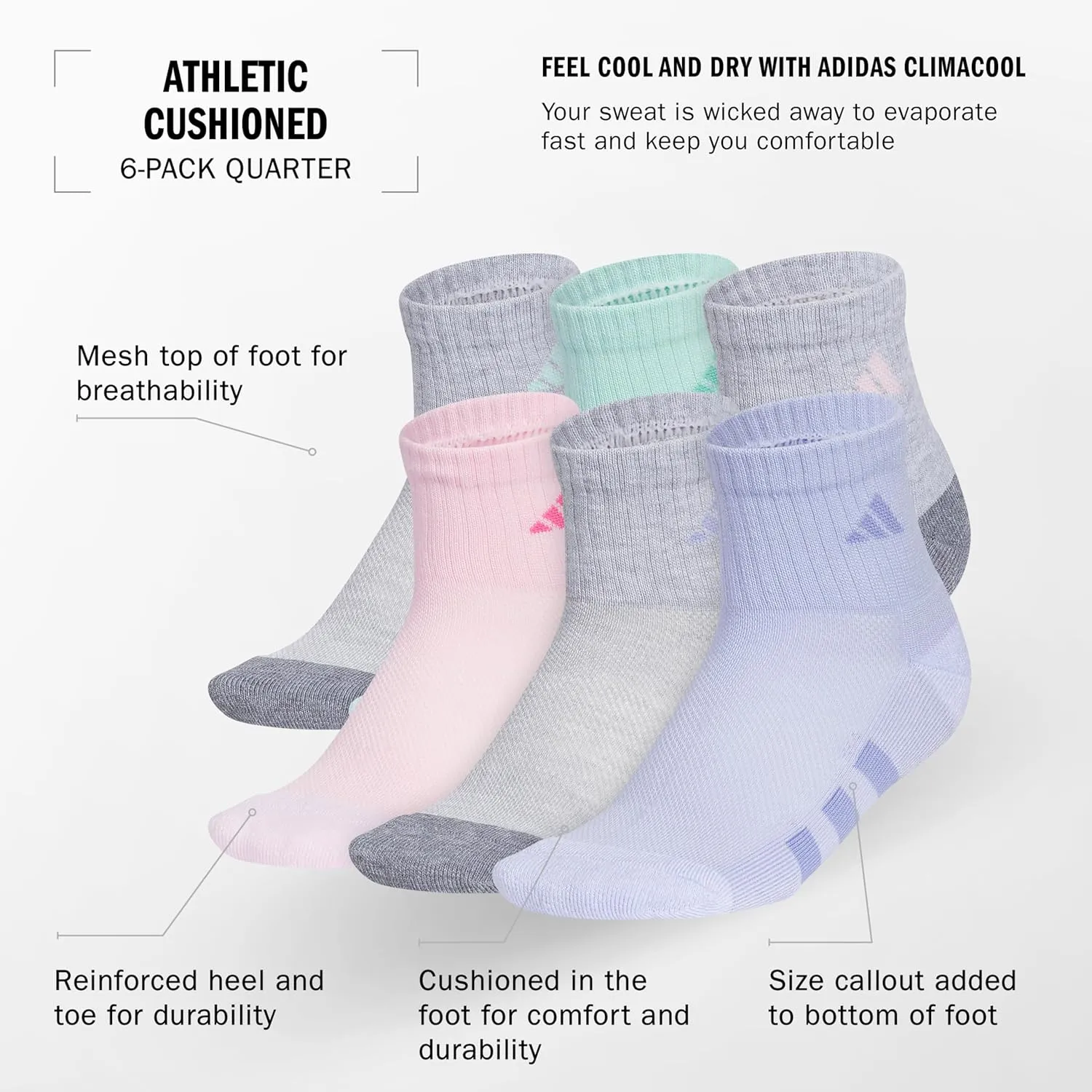 adidas Unisex-Kid's Athletic Cushioned Quarter Socks (6-Pair) for Boys and Girls, Above The Ankle Fit, Durable Fabric