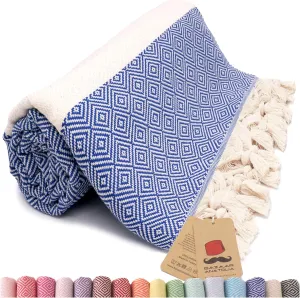 Bazaar Anatolia Turkish Beach Towel 100% Cotton Bath Towels Oversized Fast Dry Boho Farmhouse Decor Sheets Bathroom Sand Free Camping Blanket Royal Navy 71x39 inches - Diamond Dark Blue