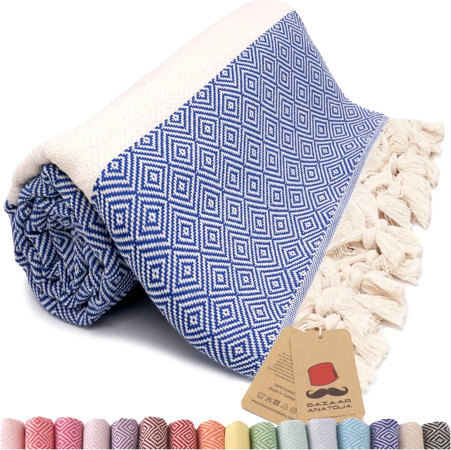 Bazaar Anatolia Turkish Beach Towel 100% Cotton Bath Towels Oversized Fast Dry Boho Farmhouse Decor Sheets Bathroom Sand Free Camping Blanket Royal Navy 71x39 inches - Diamond Dark Blue