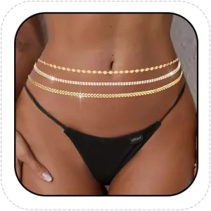 Boho Layered Waist Chain Gold Rhinestone Belly Chain Sequin Beach Body Jewelry Accessories for Women