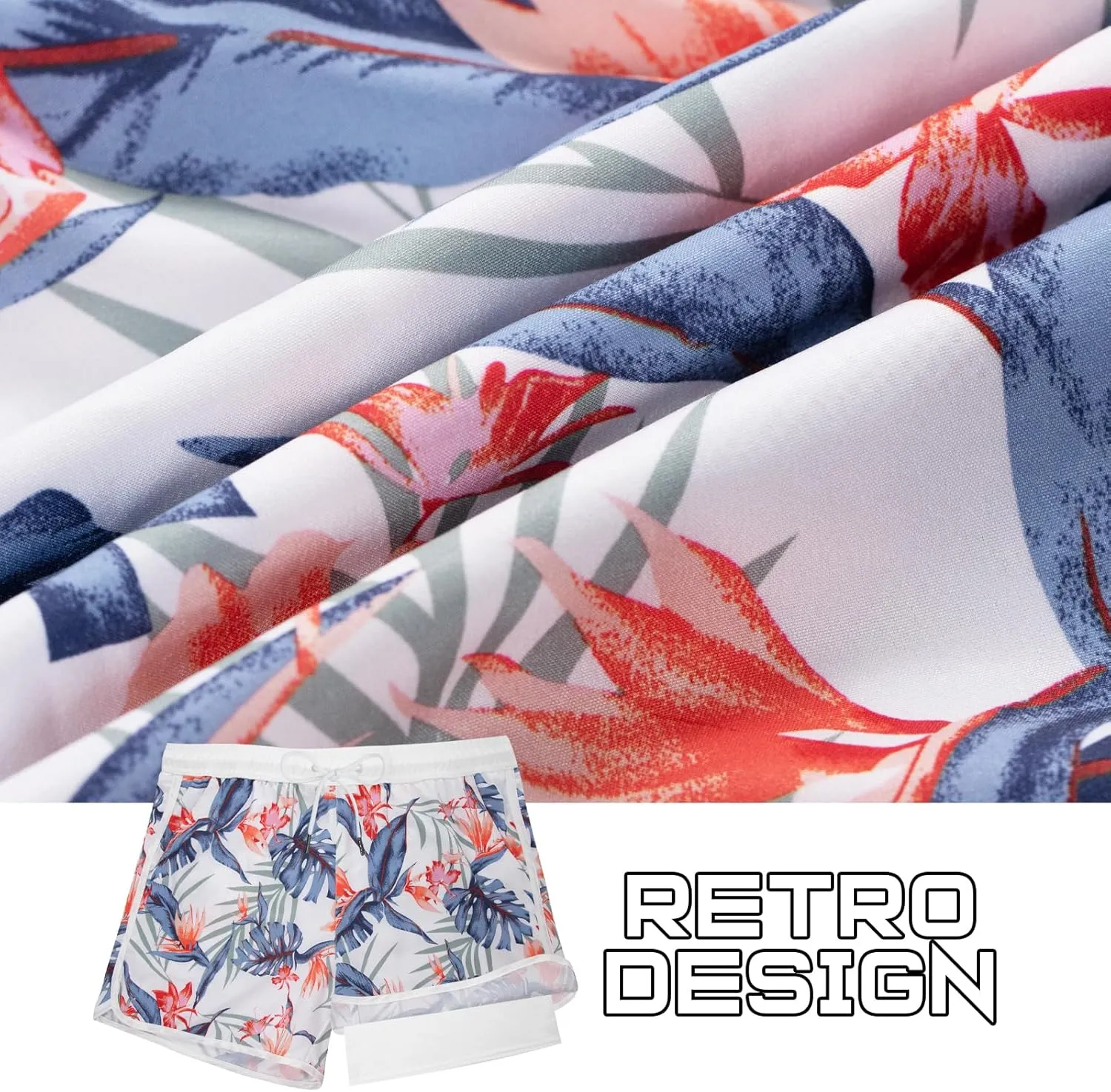 BRISIRA Mens Short Swim Trunks with Compression Liner Retro Vintage 8090s Bathing Suit Swim Board Shorts Swimwear Quick Dry