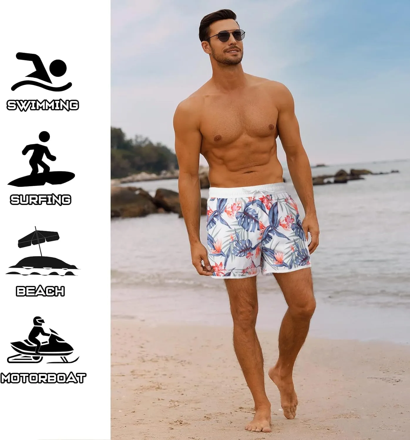 BRISIRA Mens Short Swim Trunks with Compression Liner Retro Vintage 8090s Bathing Suit Swim Board Shorts Swimwear Quick Dry