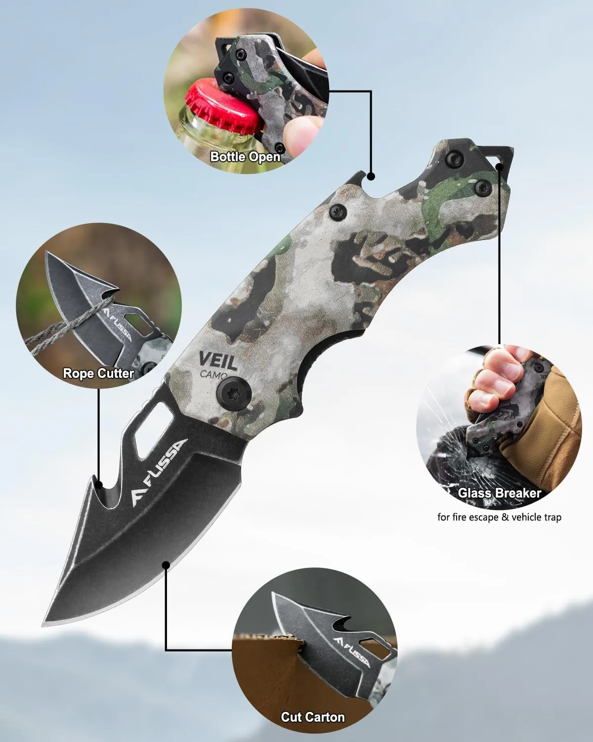 FLISSA Mini Folding Pocket Knife, 2.5-Inch Stainless Steel Drop Point Blade, EDC Pocket Knives for Men with Bottle Opener and Glass Breaker (Camouflage)