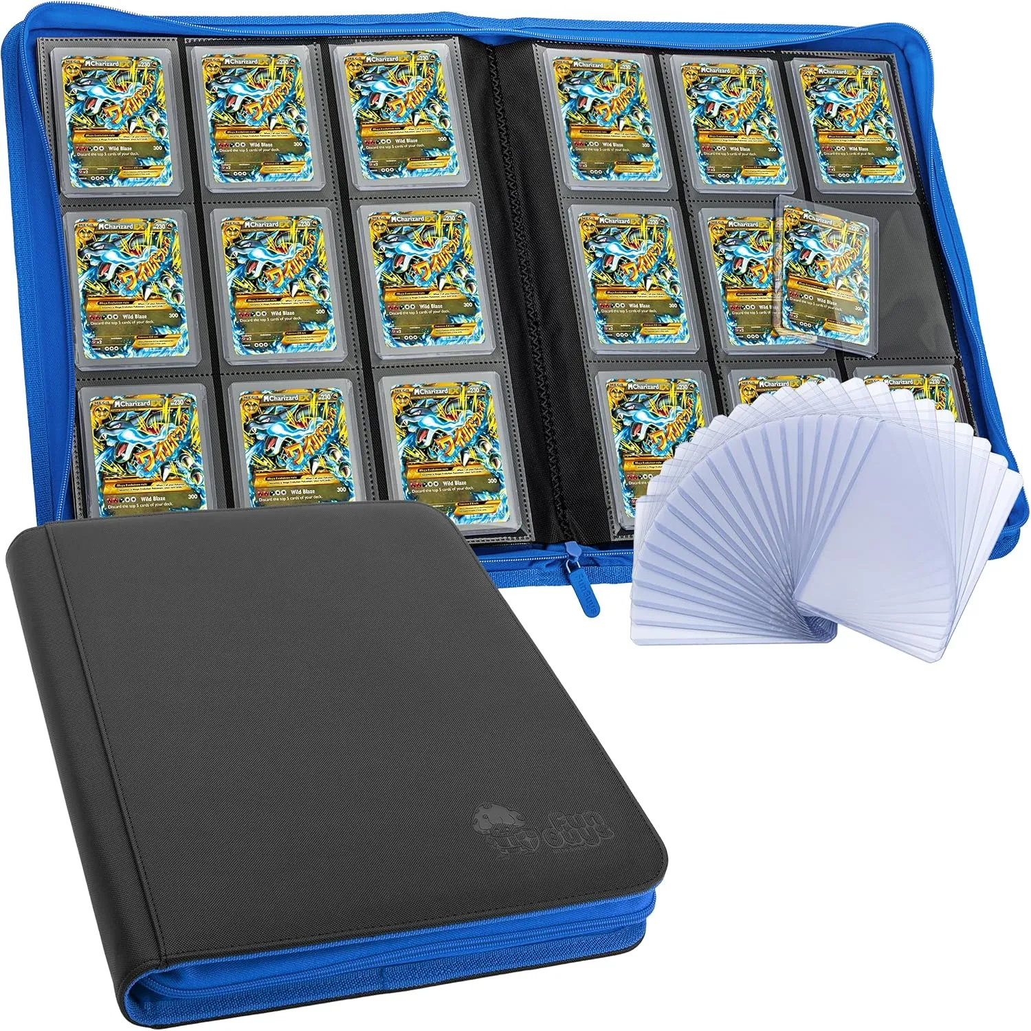 FunGuys Toploader Binder, Trading Card Binder Storage, 252 9 Pocket Top Loader Pokemon Collection Yugioh Cards MTG TCG Folders for Cards, Black and Blue, (FGUG-TLB-9P-T-BLK-BL-23)