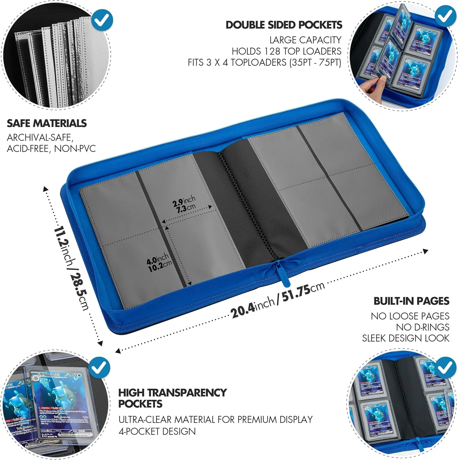 FunGuys Toploader Binder, Trading Card Binder Storage,128 4 Pocket Top Loader Pokemon Binder, Card Collection for Yugioh, MTG, TCG, Card Folders for Trading Cards