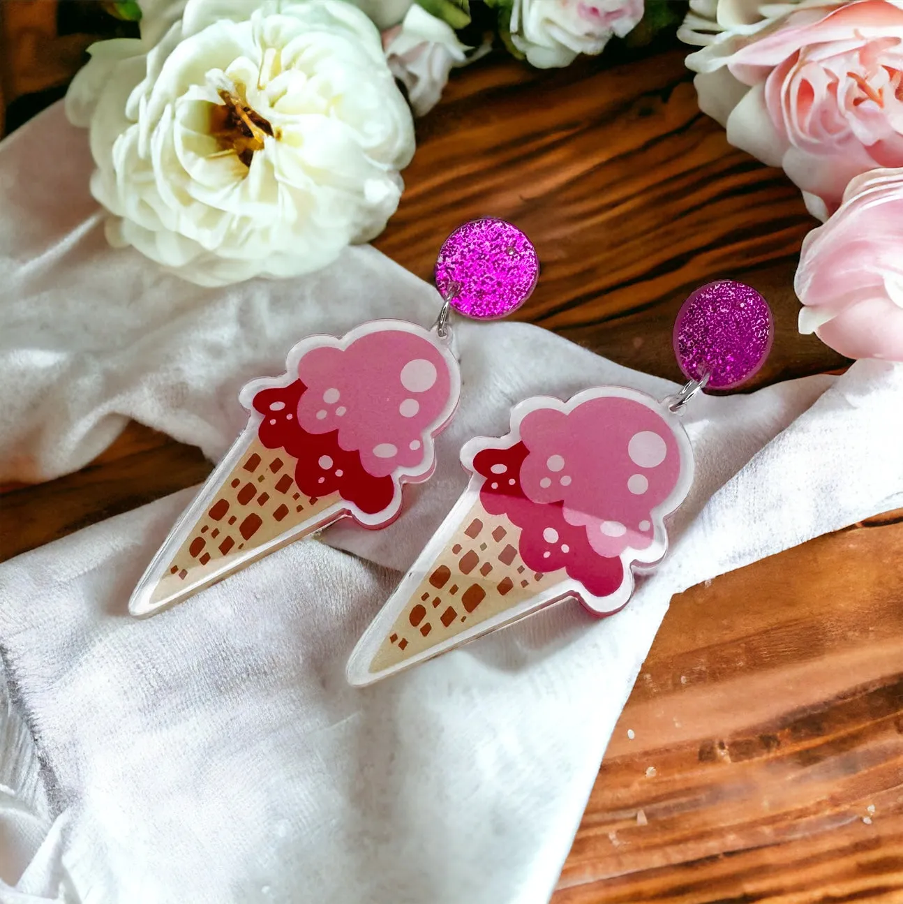 Ice Cream Earrings - Ice Cream Cone, Birthday Earrings, Handmade Jewelry, Ice Cream Jewelry, Food Earrings