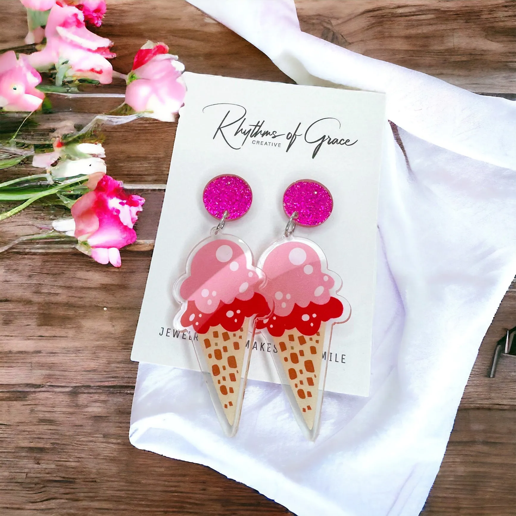 Ice Cream Earrings - Ice Cream Cone, Birthday Earrings, Handmade Jewelry, Ice Cream Jewelry, Food Earrings