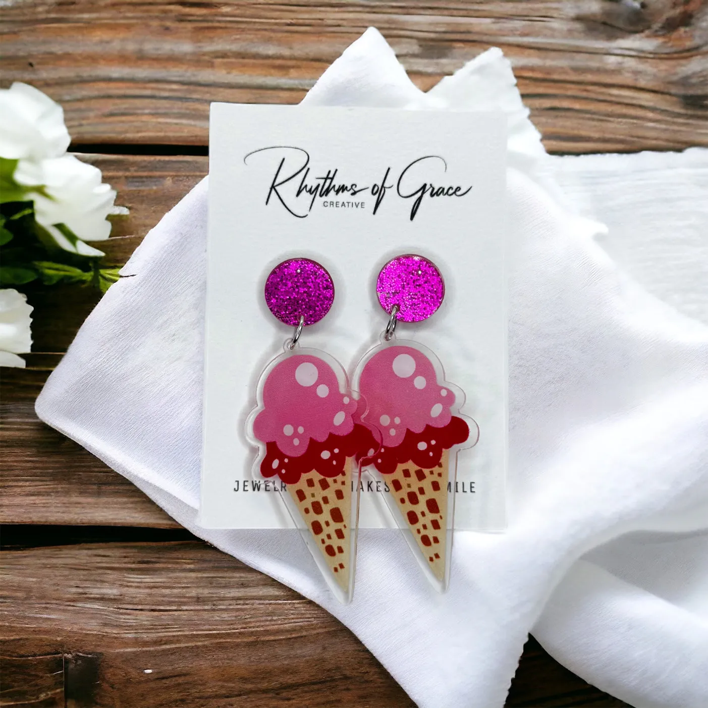 Ice Cream Earrings - Ice Cream Cone, Birthday Earrings, Handmade Jewelry, Ice Cream Jewelry, Food Earrings