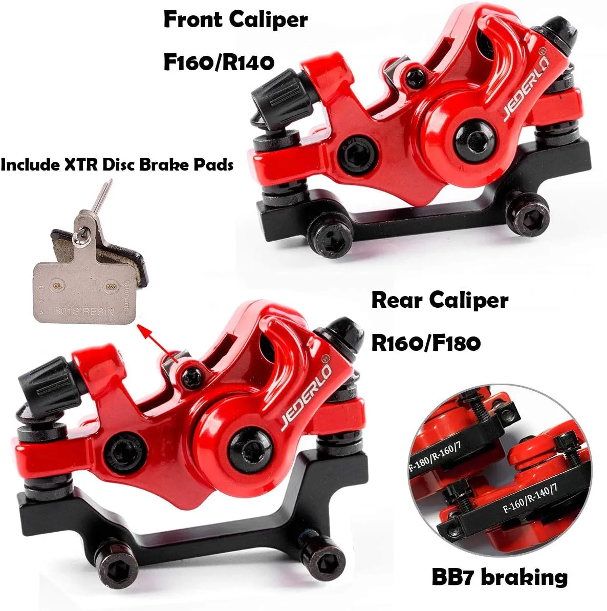 Mechanical Bike Disc Brake Kit, Including Front and Rear Caliper, Brakes Cables, Brake Levers, 160mm Rotor, with Cable End Tips Caps, Rotating S-Hook Clips, Disc Rotor Adjuster