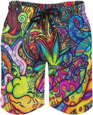 Mens Trippy Psychedelic Swim Trunks Beach Board Shorts with Mesh Lining and Pockets