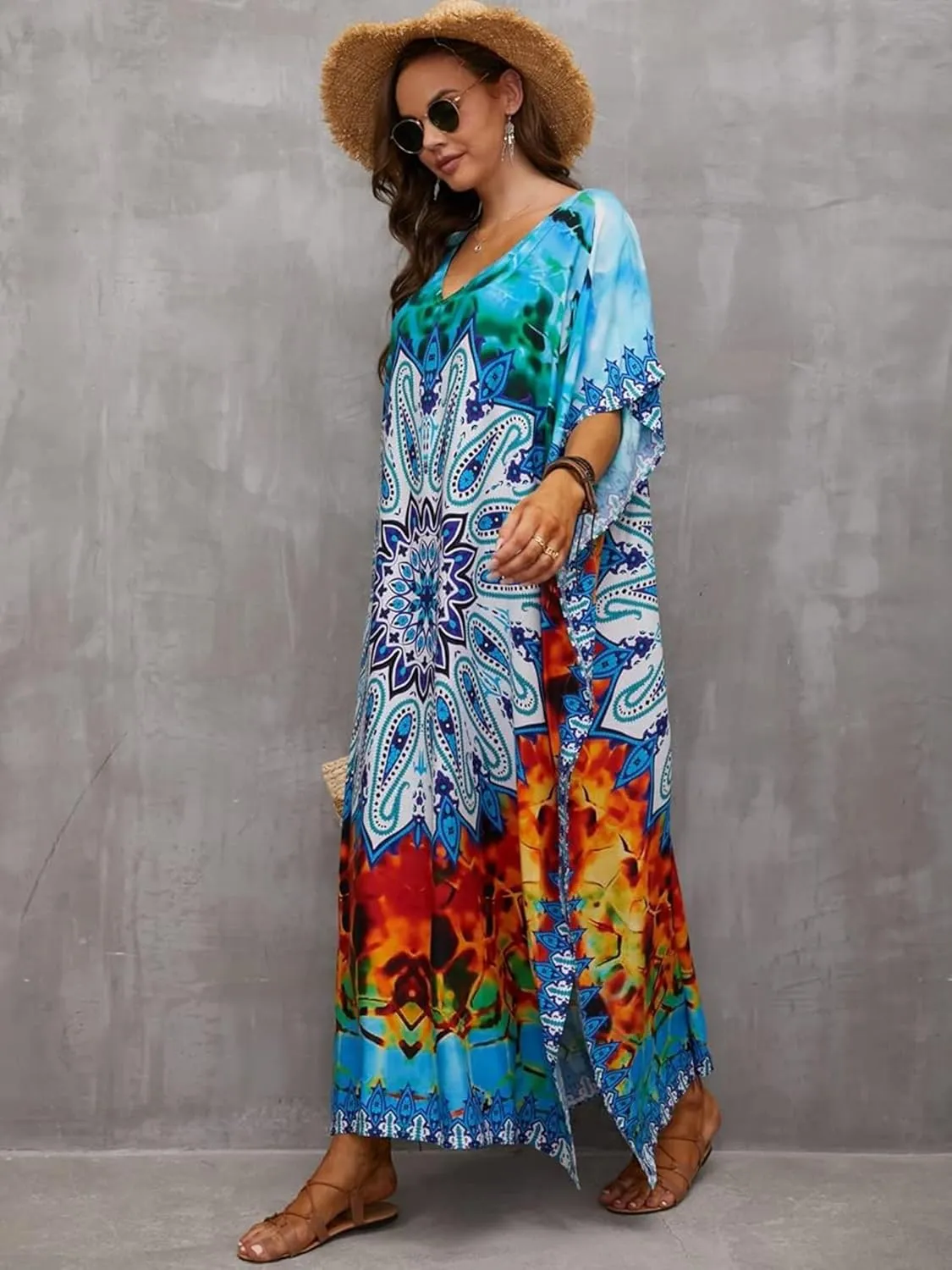 Moss Rose Caftan Coverup Dresses for Women V Neck Summer Swimsuit Kaftan Plus Size Maxi Beach Vacation Clothes