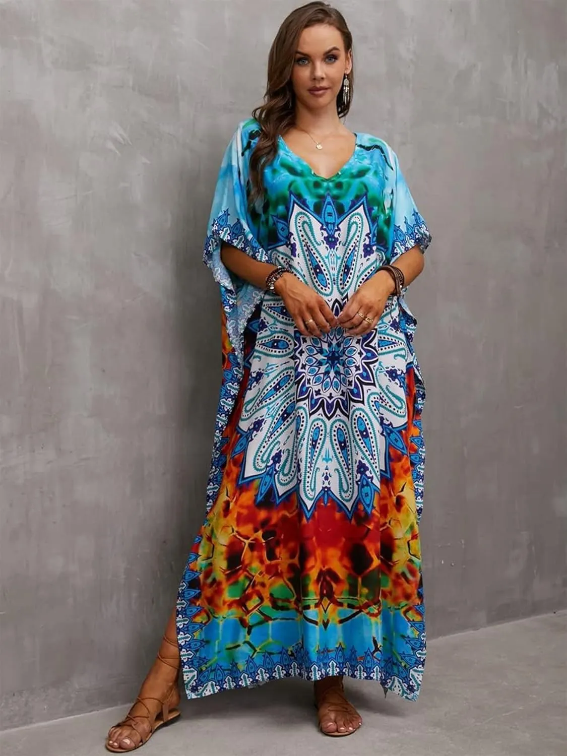 Moss Rose Caftan Coverup Dresses for Women V Neck Summer Swimsuit Kaftan Plus Size Maxi Beach Vacation Clothes