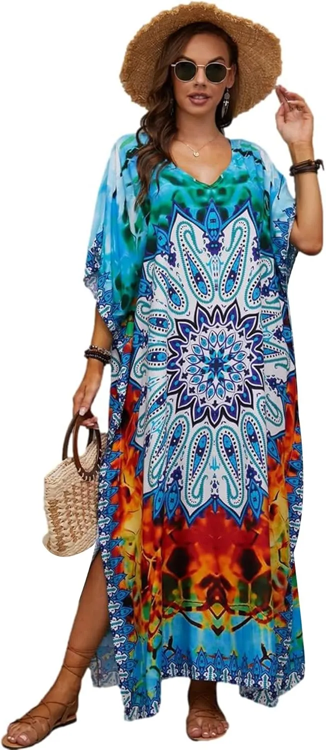 Moss Rose Caftan Coverup Dresses for Women V Neck Summer Swimsuit Kaftan Plus Size Maxi Beach Vacation Clothes