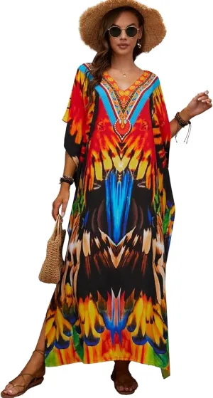 Moss Rose Caftan Coverup Dresses for Women V Neck Summer Swimsuit Kaftan Plus Size Maxi Beach Vacation Clothes