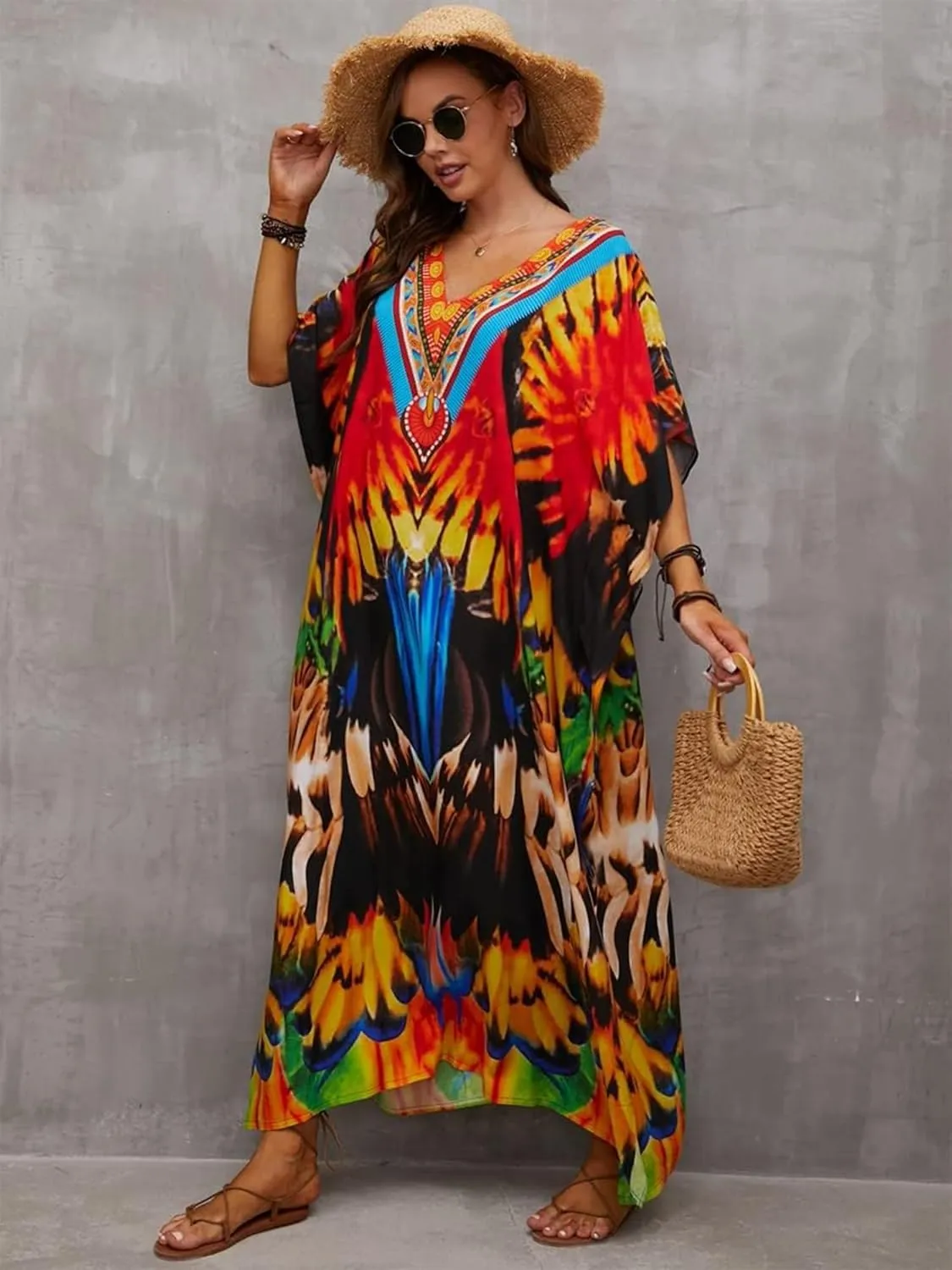 Moss Rose Caftan Coverup Dresses for Women V Neck Summer Swimsuit Kaftan Plus Size Maxi Beach Vacation Clothes