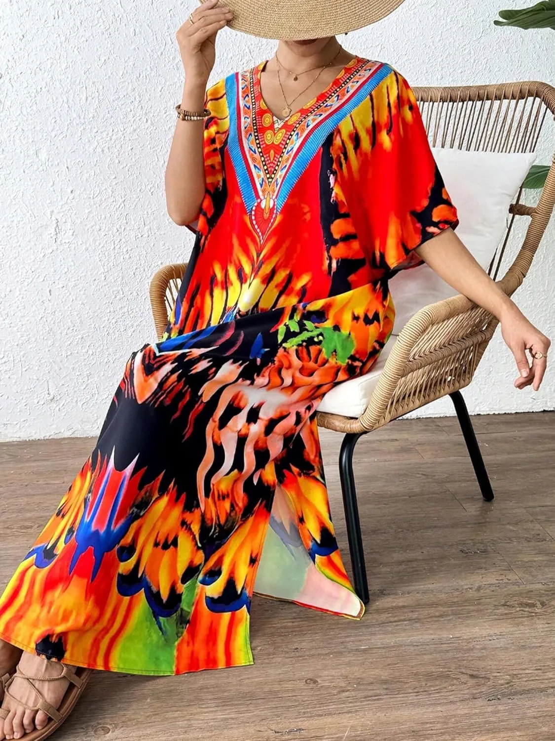 Moss Rose Caftan Coverup Dresses for Women V Neck Summer Swimsuit Kaftan Plus Size Maxi Beach Vacation Clothes