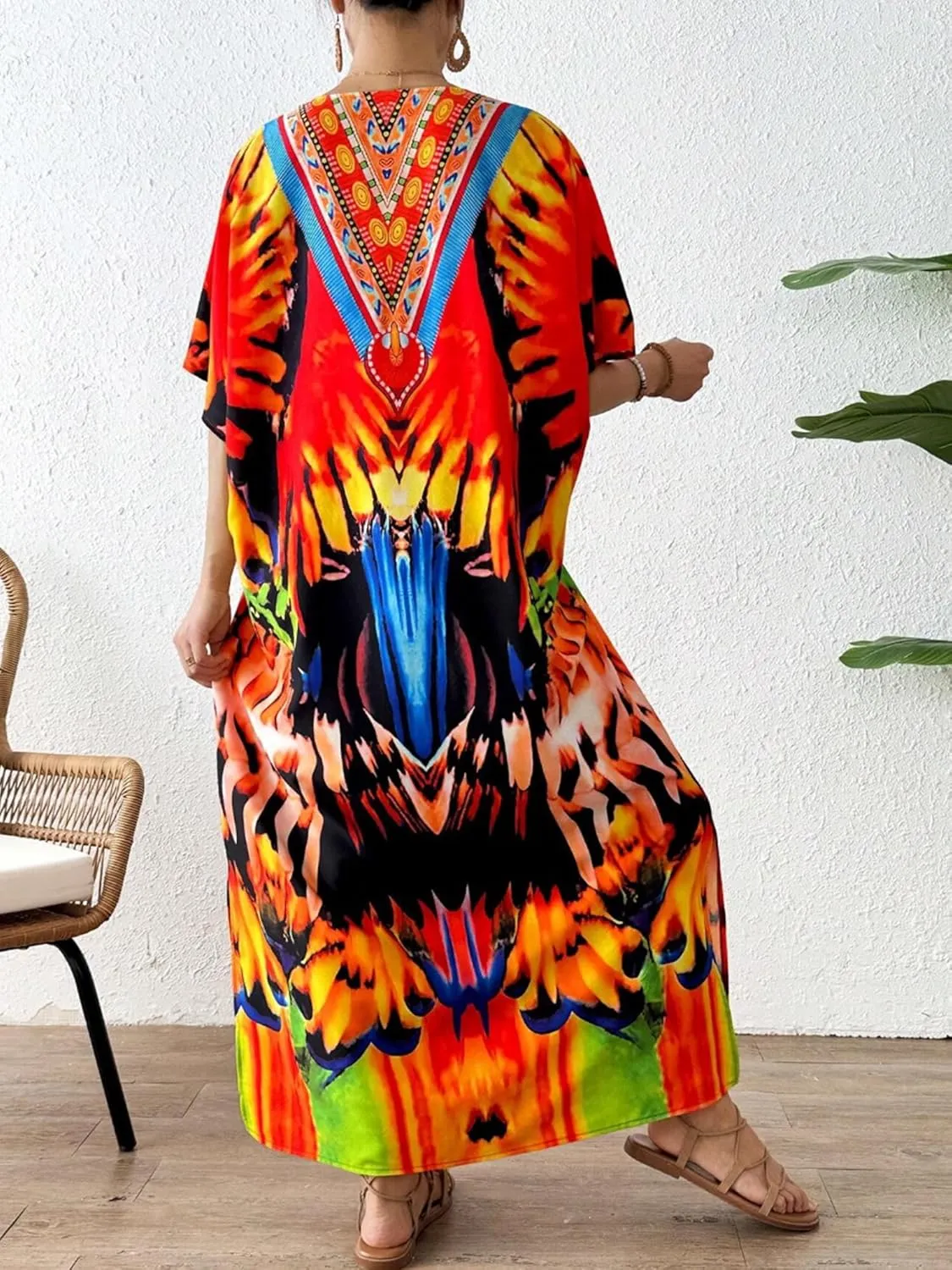 Moss Rose Caftan Coverup Dresses for Women V Neck Summer Swimsuit Kaftan Plus Size Maxi Beach Vacation Clothes