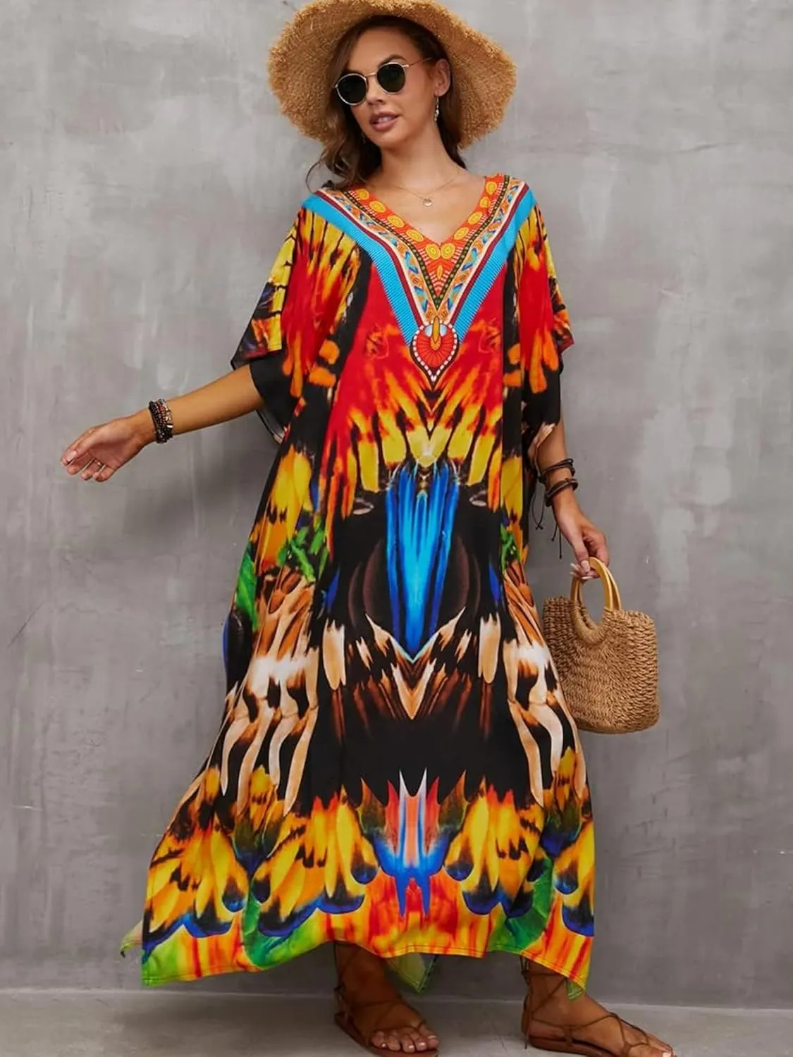 Moss Rose Caftan Coverup Dresses for Women V Neck Summer Swimsuit Kaftan Plus Size Maxi Beach Vacation Clothes