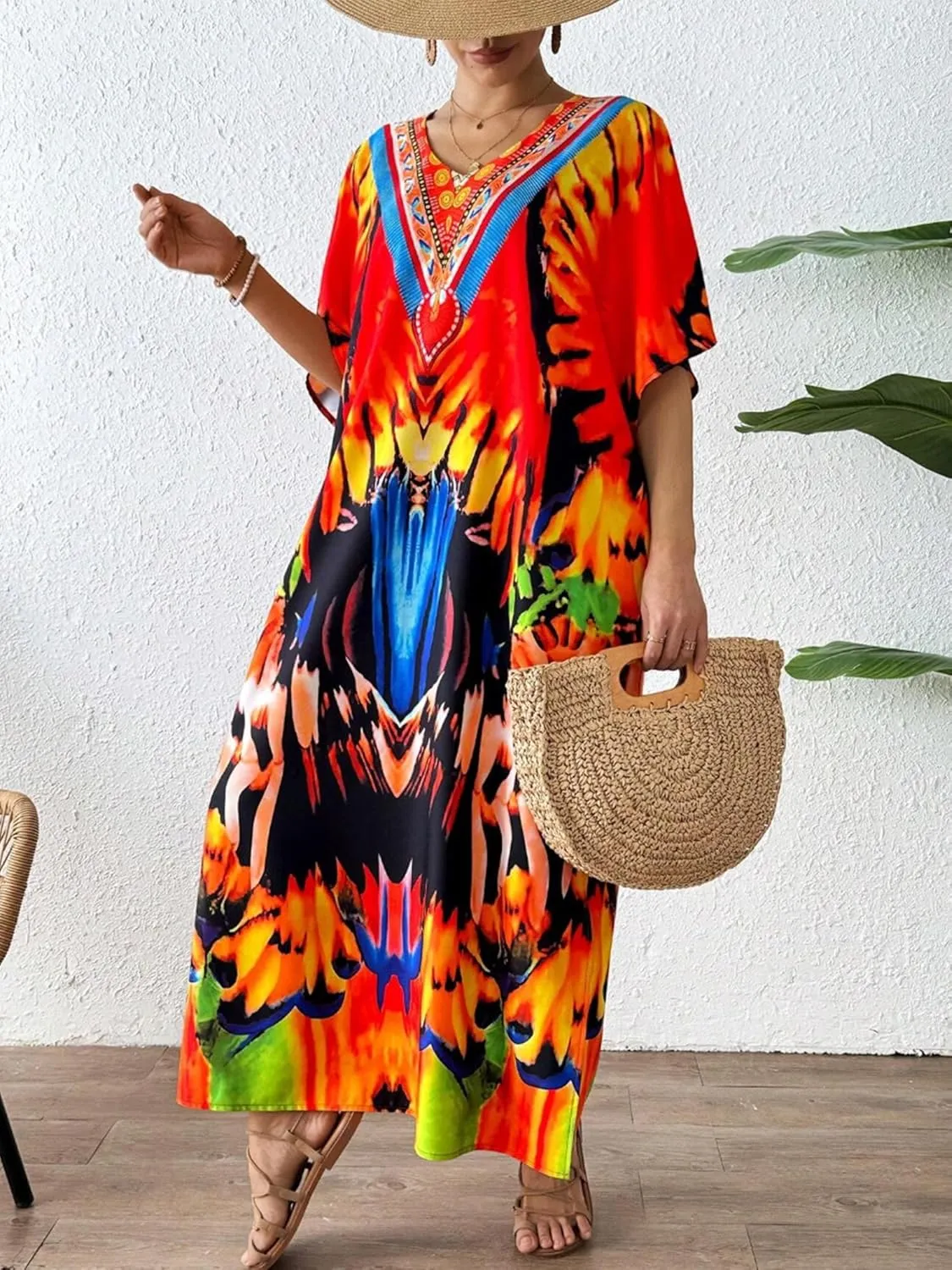 Moss Rose Caftan Coverup Dresses for Women V Neck Summer Swimsuit Kaftan Plus Size Maxi Beach Vacation Clothes