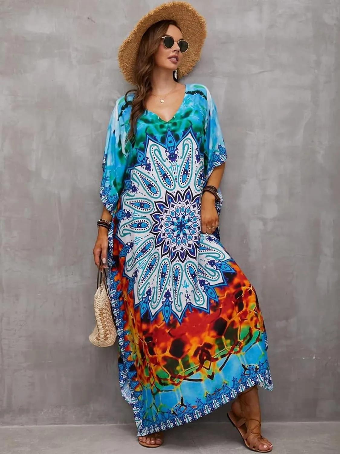 Moss Rose Caftan Coverup Dresses for Women V Neck Summer Swimsuit Kaftan Plus Size Maxi Beach Vacation Clothes