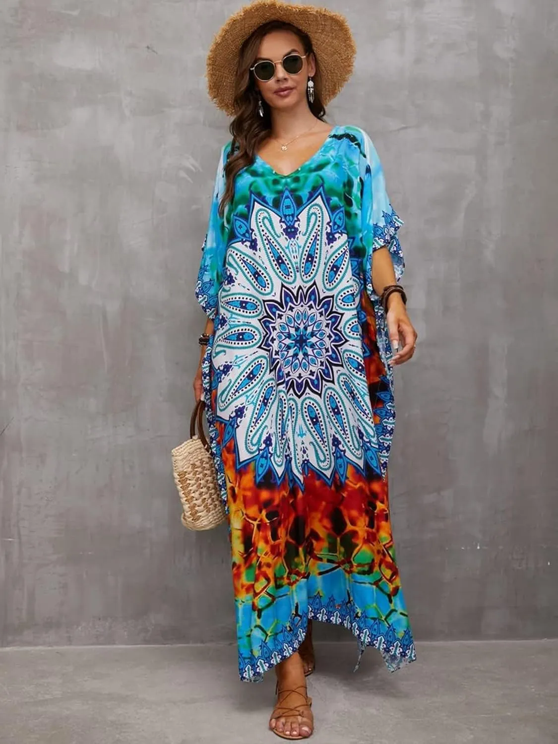 Moss Rose Caftan Coverup Dresses for Women V Neck Summer Swimsuit Kaftan Plus Size Maxi Beach Vacation Clothes