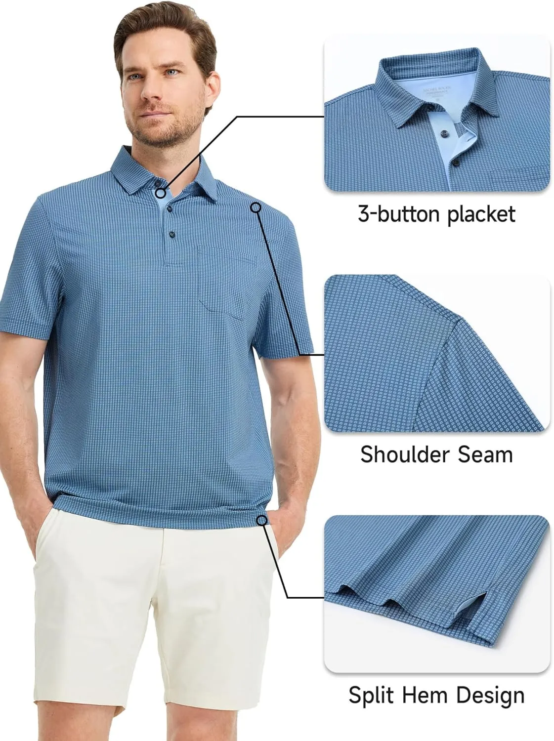 Rouen Mens Golf Shirts Short Sleeve Dry Fit Jacquard Performance Moisture Wicking Casual Pocket Collared Polo Shirts for Men