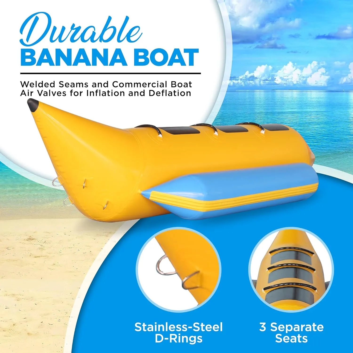 SereneLife Person Inflatable Banana Boat, Includes Storage Bag, Foot Pump, and Repair Kit, Tough and Thick, Reinforced Seats and Foot Areas