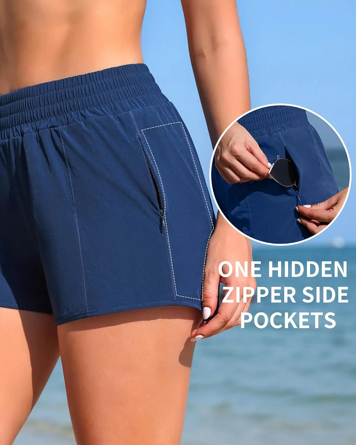 Women's High Waisted Swim Shorts Quick Dry Board Shorts UPF 50  Swimsuit Bottoms with Liner and Zipper Pockets