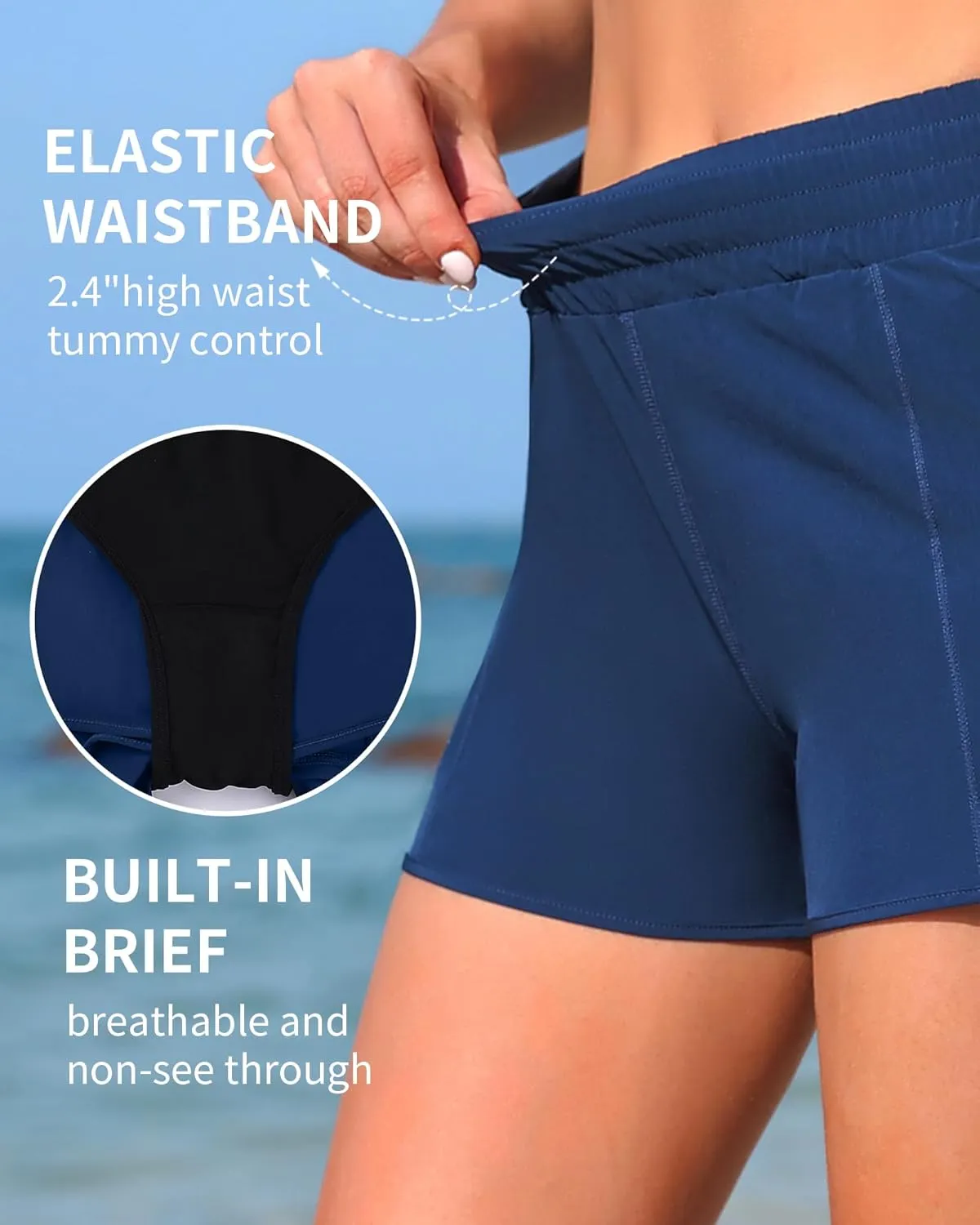 Women's High Waisted Swim Shorts Quick Dry Board Shorts UPF 50  Swimsuit Bottoms with Liner and Zipper Pockets